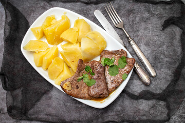 Fried Liver with boiled potato on plate