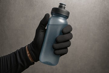 Hand in black glove holding water bottle for fitness and outdoor activities