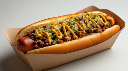 Coney Island hot dog in a tray, mustard, onions. Food photography for menus