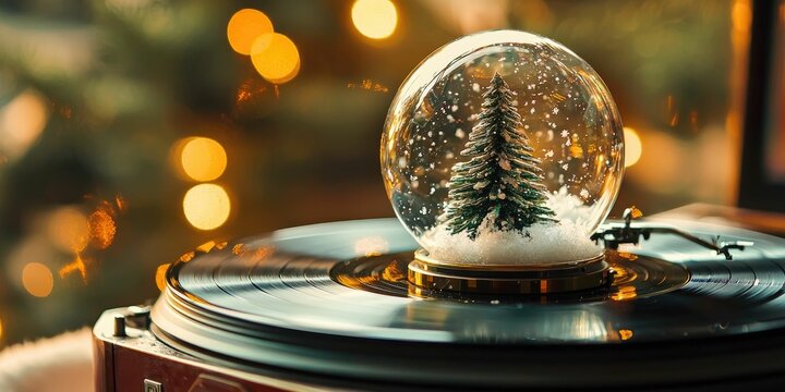 A snow globe spinning on a vintage record player, pine tree shimmering. - Powered by Adobe
