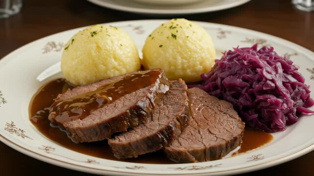 Delicious German Sauerbraten marinated roast beef with gravy, potato dumplings, red cabbage