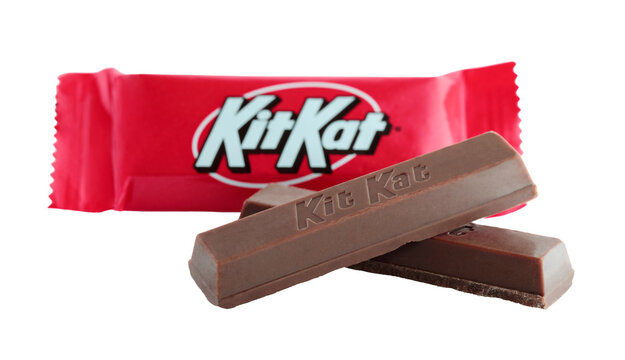 Chocolate bars Kit Kat in package, isolated on transparent background, food and snacks concept. Kit Kat is a chocolate-covered wafer bar confection