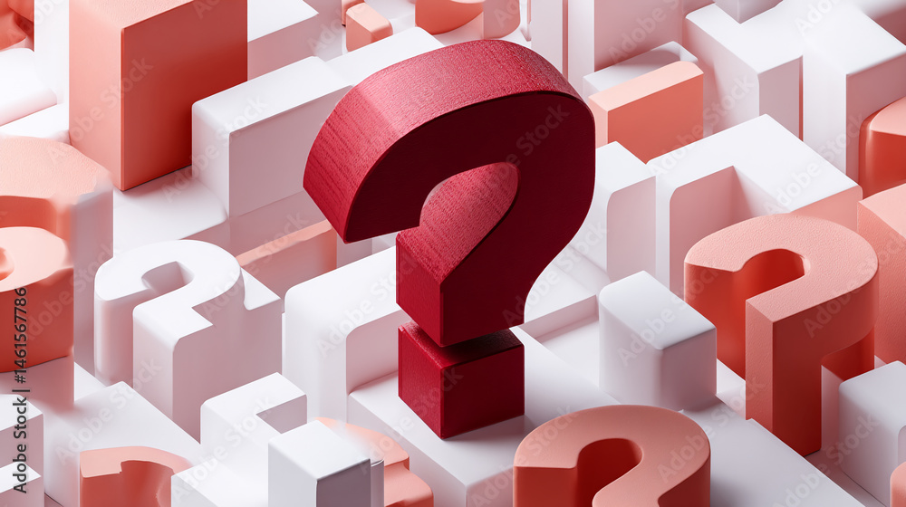 Poster red question mark among pink and white question marks, forming abstract 3d background, symbolizing u