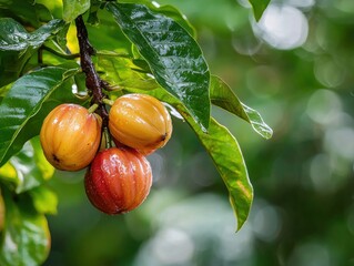 Three ripe achiote fruits hang from a branch amongst green leaves, glistening with moisture from recent rainfall in a tropical setting.