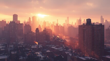 Fototapeta premium A beautiful cityscape view at sunrise displays the urban skyline with buildings enveloped in a warm golden glow and soft hazy atmosphere.