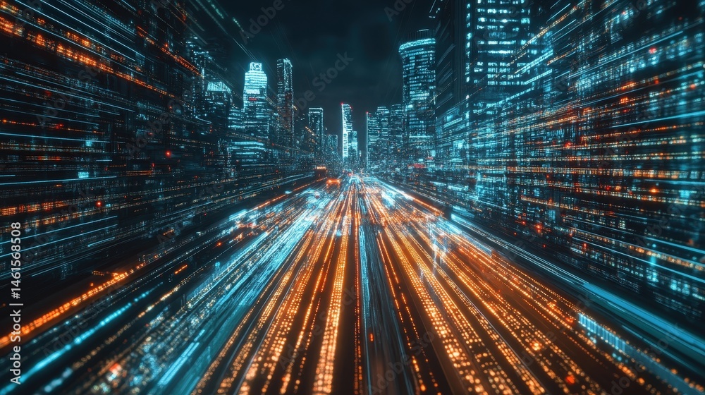 Poster virtual data stream moving across a futuristic city, representing smart technology and ai-driven aut