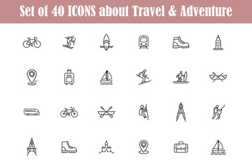 Set of forty travel and adventure icons illustration with transparency for design projects