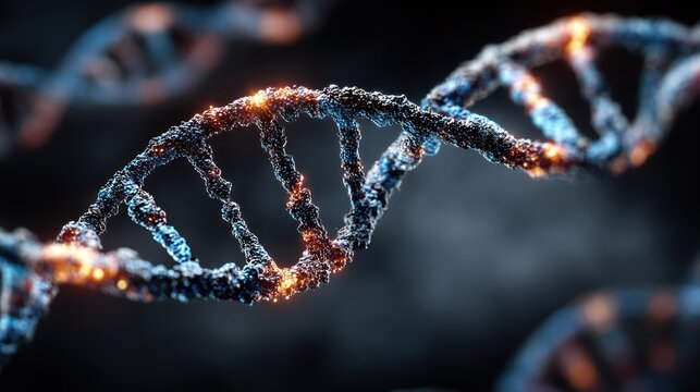 Blue glowing chromosome DNA with flickering light, zooming into 3D visualization of genetic health and heredity science
