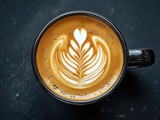Top down view of a cappuccino with latte art of heart and leaves in a dark mug set against a dark textured background for coffee lovers.
