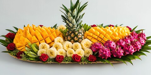 A tropical fruit platter featuring pineapple, mango, and dragon fruit.