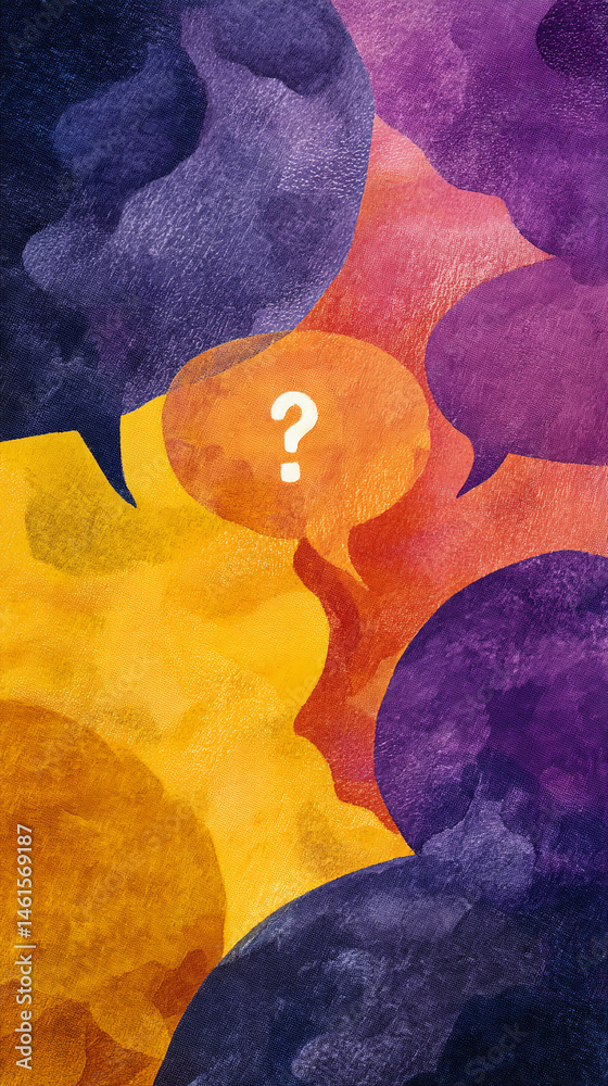 Poster abstract image with overlapping speech bubbles in purple, orange, and yellow hues. central question 