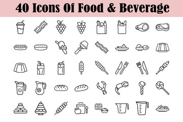 Vector graphic set of forty food and beverage icons with transparency