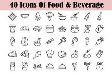 40 food and beverage icons featuring various icons for digital design projects