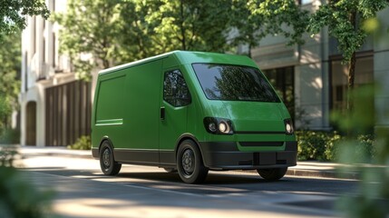 Obraz premium Green delivery van driving on city street.