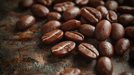 Naklejka premium Macro shot presents rich brown roasted coffee beans scattered across a rustic textured surface with subtle lighting and depth of field.