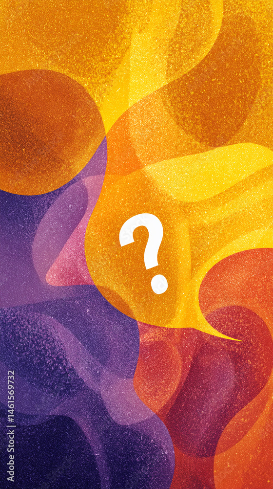 Poster abstract background with textured orange, purple, and red shapes a central question mark suggests in