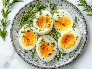 An overhead view displays sliced hard boiled eggs garnished with herbs on a speckled plate set against a white marble background in natural light.