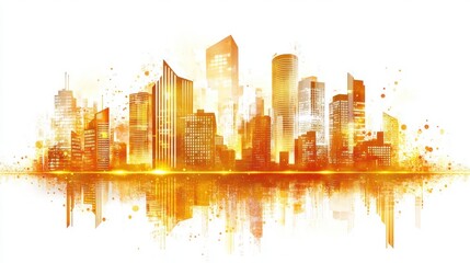Obraz premium Golden cityscape reflected in water, sunrise or sunset, urban skyline.