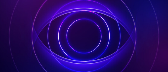 Glowing abstract neon rings on dark purple background