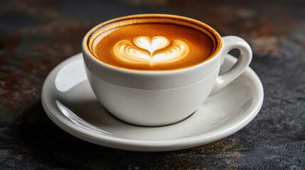 A freshly brewed cappuccino with delicate latte art is served in a white ceramic cup, resting on a matching saucer, inviting a warm welcome.