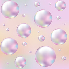 Abstract seamless pattern in Y2K style. Three-dimensional bubbles on Gradient Pink and Orange background. 3d holographic retro template. Future galaxy aesthetic, 3D chrome bubble art.