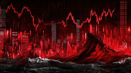 Abstract dark waves clashing with red glowing graphs, evoking the turbulence and instability of global markets