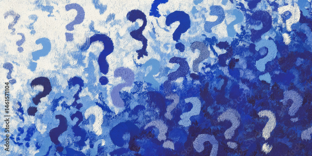 Poster Abstract blue textured background with scattered question marks, symbolizing uncertainty, inquiry, or the search for answers