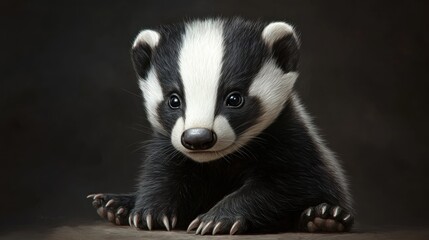 Cute baby badger portrait, dark background, wildlife