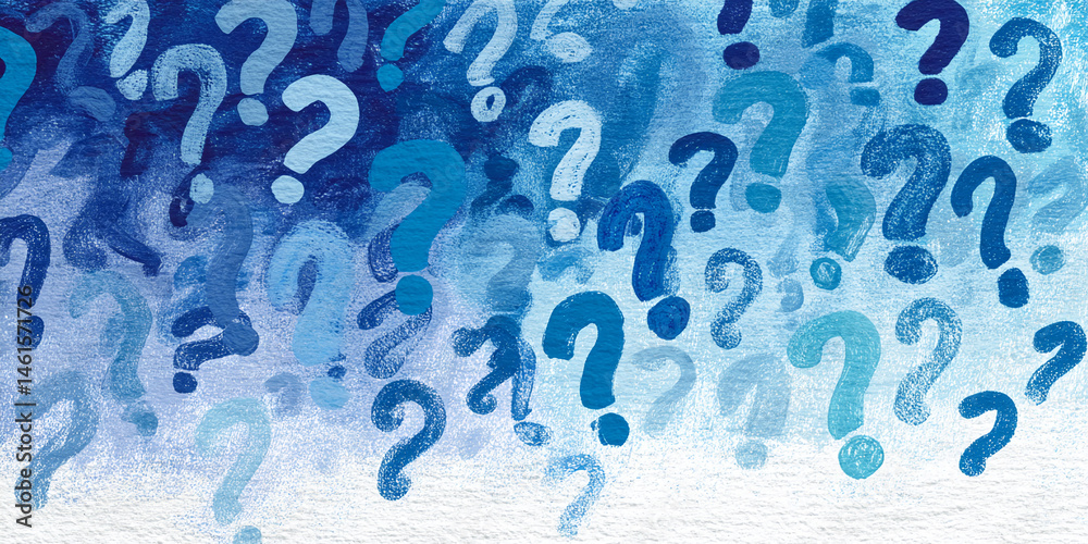 Poster Abstract background with numerous blue question marks in varying shades, creating a textured and inquisitive visual, representing uncertainty, questioning, or inquiry