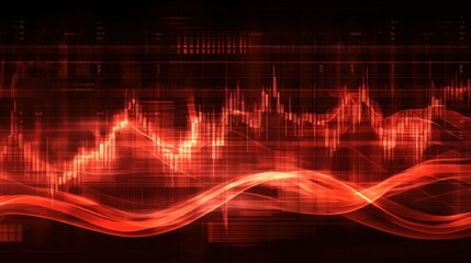 Abstract pulsing red graphs and flowing waves, representing volatile stock market trends on a dark dramatic background