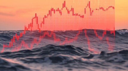 Abstract pulsing waves with sharp red chart overlays, symbolizing fast-paced market volatility