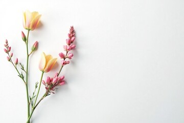 Fototapeta premium Delicate, minimalist floral sprigs on white background, white, small flowers, botanical