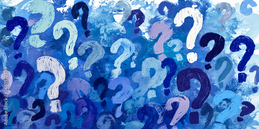 Poster abstract blue paint texture with numerous question marks, symbolizing uncertainty, inquiry, or a que