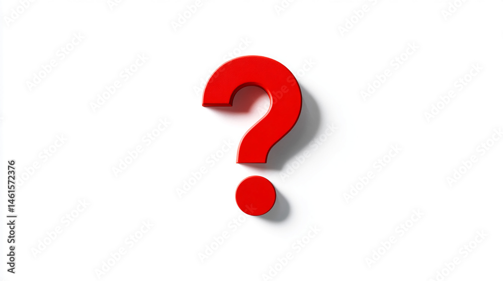 Poster red question mark on white background, casting shadow, symbolizes inquiry, uncertainty, doubt, or ne