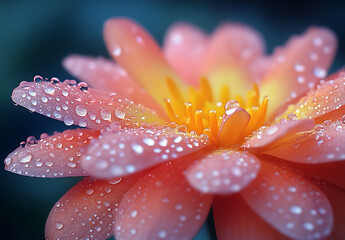 Fototapeta premium Close Up Pink Water Lily with Glistening Droplets and Vibrant Yellow Center on Soft Blue Background