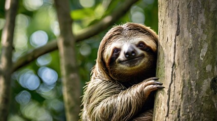 Fototapeta premium Sleepy sloth clinging to a tree