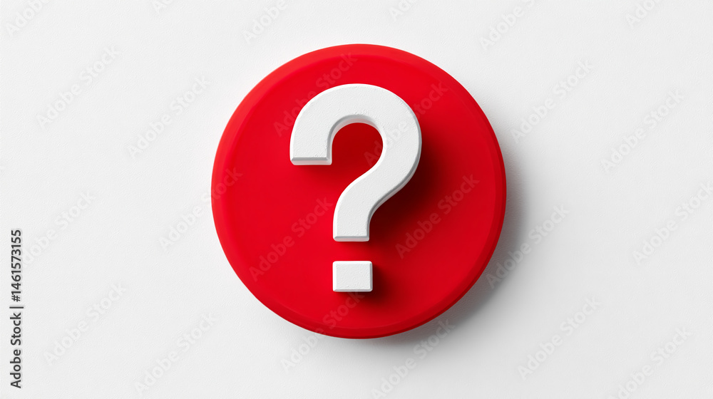 Poster white question mark on red circle, simple 3d design, symbolizing inquiry, uncertainty, or faq concep