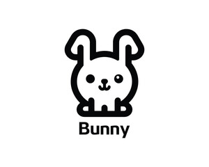 Fun bunny cartoon icon logo in flat black and white style
