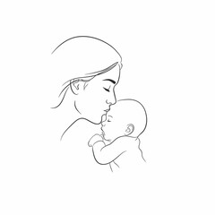  mothers day black and white Minimalist Line Drawing of Mother and Baby – Tender Embrace and Kiss in Elegant Monochrome Sketch