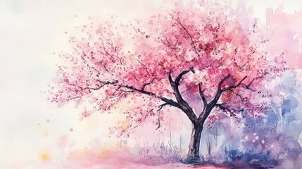 A watercolor painting of a blooming cherry blossom tree with delicate pink petals