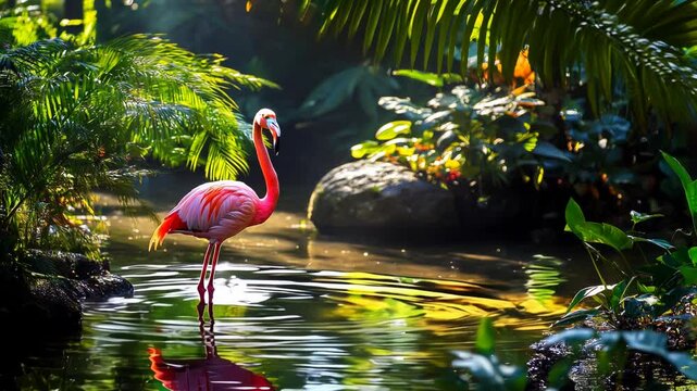 Pink flamingo wading in a tranquil, lush tropical lagoon