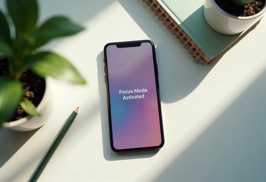 Minimalist workspace with phone displaying "Focus Mode Activated" surrounded by plants and books
