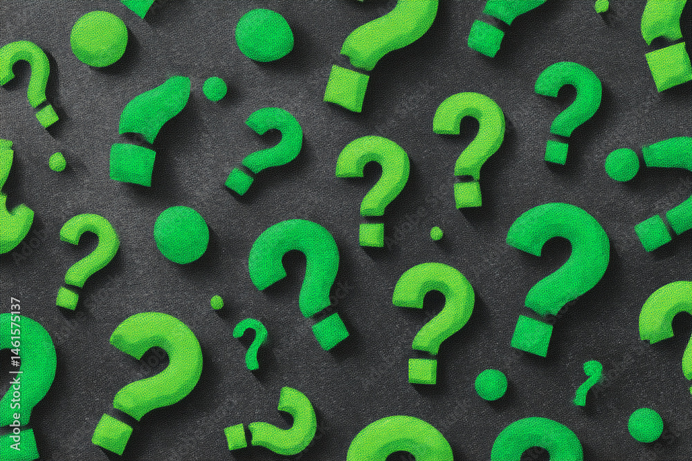 Poster Green question marks on dark background, textured surface, creating a curious and inquisitive mood, ideal for mystery or quiz concepts