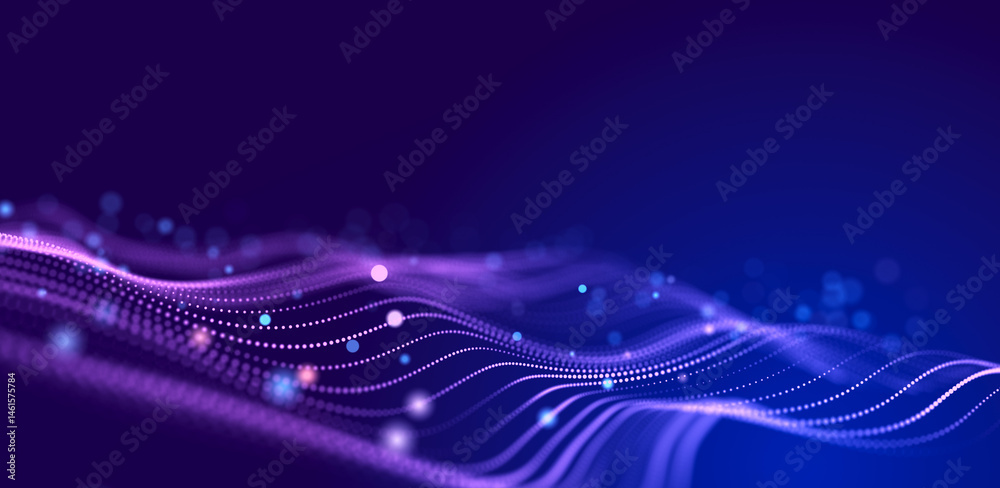 Poster Abstract wave of sound particles. Equalizer for music. Signal transmission. 3d rendering.