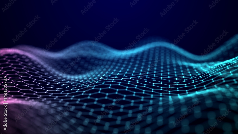 Fototapete Big data visualization. The musical stream of sounds. Abstract background with interweaving of dots . 3D rendering.