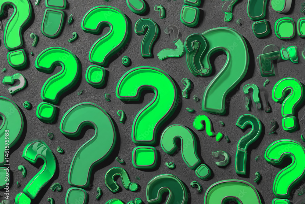 Poster green question marks scattered on dark gray background, creating a texture symbolizing inquiry, curi