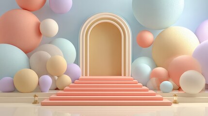 Obraz premium Abstract decoration scene with pastel colored geometric balloons and a minimalist podium stage, 3D rendering