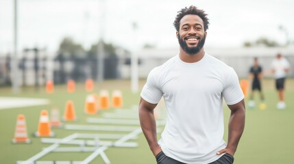 Fototapeta premium Trainer encourages client with a warm smile while leading them through an engaging workout on a grassy field, showcasing a positive atmosphere and commitment to fitness