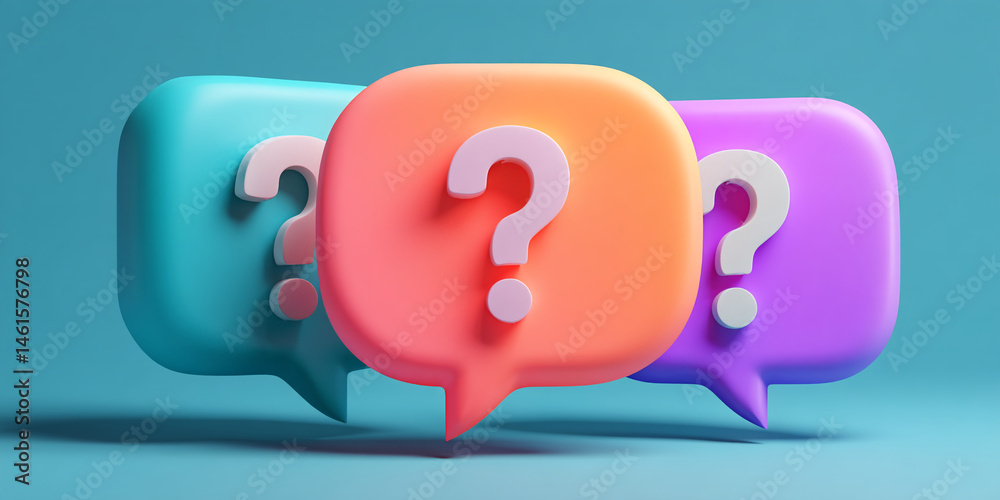 Poster three colorful speech bubbles with white question marks, symbolizing questions, inquiry, or faq conc