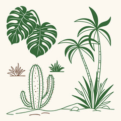 Tropical plants and cactus illustrated in green line art  